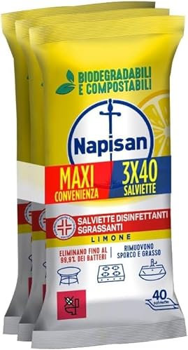 Napisan Salviette Tripacco Disinfettanti Sgrassanti al Limone, Confezione da 120 Salviette Disinfettanti Biodegradabili e Compostabili Multisuperfici