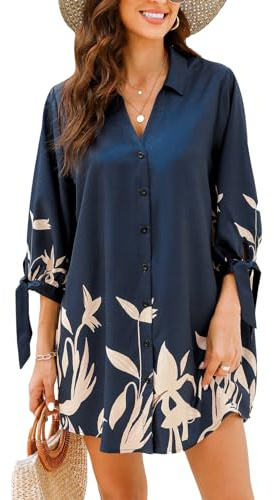 CUPSHE Vestito da donna mini estivo, copricostume oversize a maniche 3/4 con colletto, abbottonatura a fiocco e stampa floreale, per la spiaggia, Blu, floreale, S