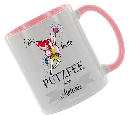Crealuxe Kaffeetasse - Die beste Putzfee heißt ... - Spruchtasse, Bürotasse, bedruckte Keramiktasse, Hochwertige Kaffeetasse, Tasse personalisiert mit Name/Spruch (Rosa)
