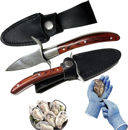 ELAORY Oyster Shucker, Oyster Shucking Knife for Oyster Clam Pearl Shell Shucking, 2 Set Oyster Shucking Tool Kit, 2 Stainless Steel Oyster Knifes with Wooden Handle 2 Pairs Oyster Shucking Gloves