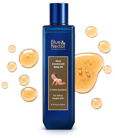 Blue Nectar Baby Oil with Pure Kumkumadi Oil for Glow & Hydration | Ayurvedic Baby Massage Oil for New Born | 100% Natural & Safe Baby Product for Delicate Skin (17 Herbs, 200 ml)