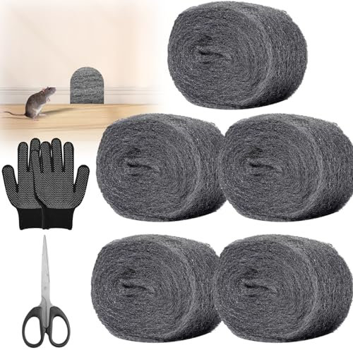 7 Pieza Lana de Acero con Guantes Tijeras, 5 * 3 m Lanas de Acero Fina 0 textura media 110 g, Lana de Alambre Reutilizable, Lana de Acero para Abrillantar, Lana de Acero Contra Ratones Limpias las