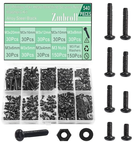 Zmbroll M3 Machine Screws Assortment Kit 540Pcs M3x4/5/6/8/10/12/16/20mm Black Pan Head Screws Fully Threaded Carbon Steel Machine Screws Phillips Drive Fastener Bolts Flat Washers Nuts Kit