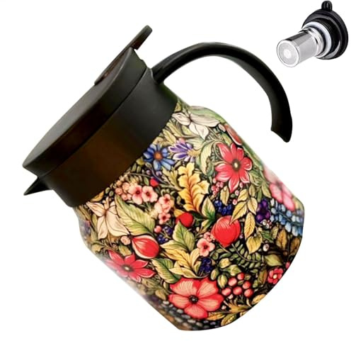 Aislada, Jarra De Café Térmica - con estampado floral de 800 ml - Olla térmica al vacío de acero inoxidable para preparar, filtrar y verter