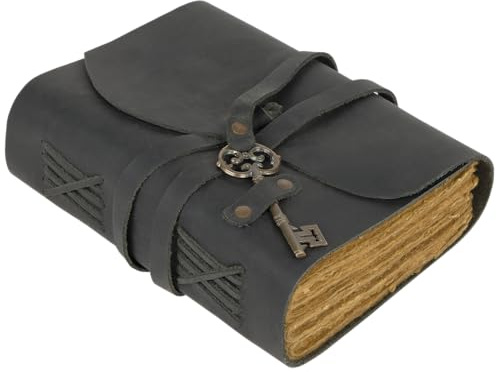 GlobeeCraft Carnet de Voyage Vintage en Cuir Noir avec Clé Papier Coton Fait Main Idéal comme Carnet en Cuir Cahier Cuir ou Journal Intime Femme 18x13 cm