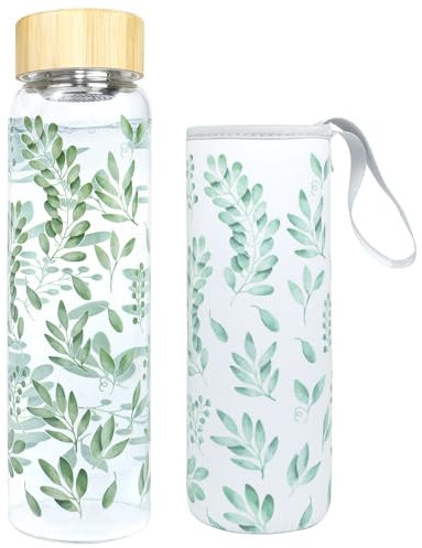 Bouteille Verre 1 Litre,D'Eau Verre Large Goulot 5,5 cm Bouteille Étanche 1000 ml Avec Couvercle Protection Eucalyptus Passoire Acier Inoxydable,Sans Bpa,Bouteilles Verres Adaptée Boissons Gazeuses