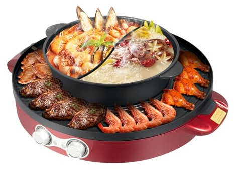 Elektrischer Kochtopf Elektrischer Hot Pot mit Grill kann im Haushalt in Restaurants Rot 2200W Fondue-Topf-Durchmesser: 29cm 52 * 18.5cm