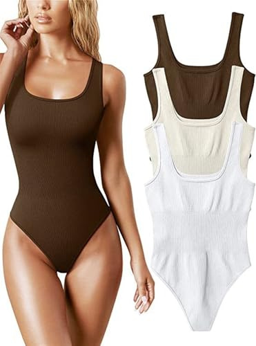JXHSWDG 3-delade bodysuits för kvinnor Sexiga ribbade fyrkantiga halsringar Ärmlösa linne Body, Thong Shapewear Bodysuits