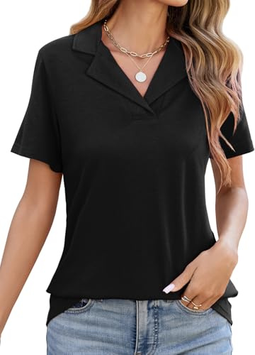 HEEKPEK Camicia Donna Elegante Blusa Estiva Polo Shirt Manica Corta Scollo a V Casual Lavoro Camicetta Classico con Revers Maglietta Estive T Shirt Moda Tinta Unita Maglia Top(Nero,XL)