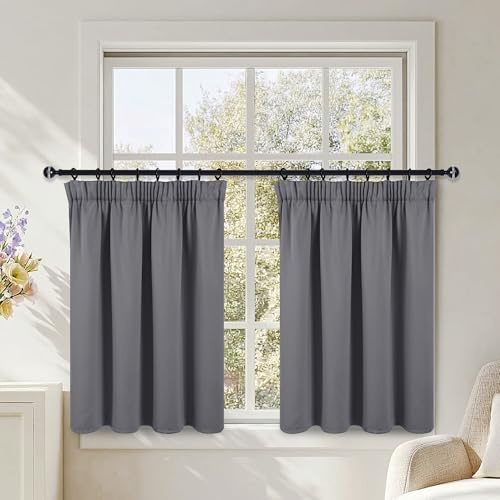 DWCN-parti med 2 gardiner med fransiga flätor, korta, ogenomvändiga, med fransiga flätor, för kök, bistro, 90 x 117 cm (H x l) - Källskydd - Grå