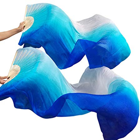 KIKIGOAL 1 Pair(Left+Right) Women Real Silk Belly Dance Fan Veil, Length 180cm Width 90cm (gradual blue)