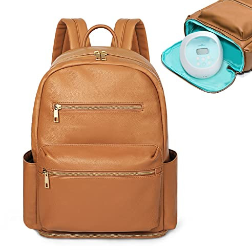 MOMINSIDE Wickeltaschen-Rucksack, 13 Taschen, Leder, Mini-Babytasche, Brustpumpen-Tasche, 33 cm Laptophülle, 2 isolierte Taschen, Rucksack Wickeltasche, Braun