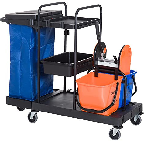 HOMCOM Carro de Limpieza con Bolsa de Basura Carro de Servicio con Cubos de Fregar de 18L Escurridor de Prensa y Estantes para Hotel 111x63,3x103 cm Multicolor