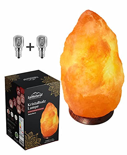 SalNatural Salzlampe 2-3 kg (bekannt als Himalaya Salz) aus der Salt Range Pakistan auf einem Holzsockel incl. 1.5m Kabel mit Lampenfassung & Schalter + 2x Glühbirnen 15W und Premium Geschenkbox