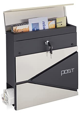 Relaxdays Boîte aux Lettres avec Porte-journaux, Moderne, verrouillable, HxLxP : 37x37x11cm, INOX et Acier, argenté/Noir