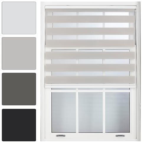 FURNISHED Stores enrouleurs Jour et Nuit - Stores enrouleurs Zebra Blind Dim ou Translucides Vision pour fenêtres et Portes - Tissu Double Couche, Gris, 140W x 210H cm