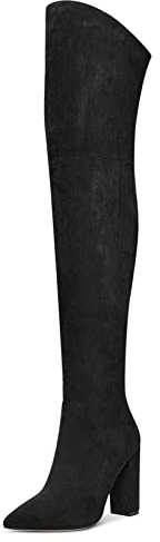 Aachcol Mujer Sobre la Rodilla Botas Chunky Ancho Alto High Heel Puntiaguada Punta Cremallera 10 CM Negro Ante 38 EU