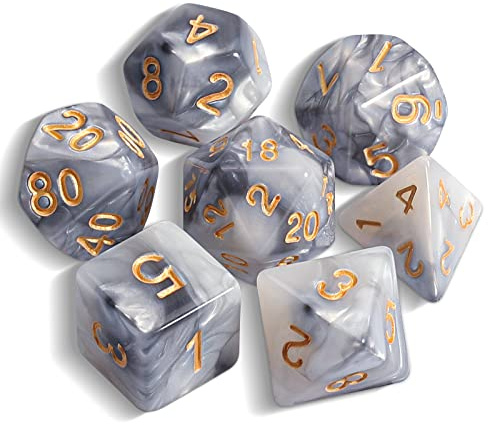QMAY DND - Juego de dados poliédricos de 7 piezas para Dungeon and Dragons MTG RPG D&D D20, D12, D10, D%, D8, D6, D4 (gris mezclado blanco)