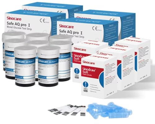 Sinocare Strisce Glicemia Solo per Glucometro Safe AQ Pro I, Strisce Reattive per la Misurazione della Glicemia Elettrodo d'argento di Precisione Aggiornato, 200 Pcs con 200 Lancettes