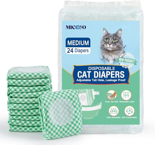 MICOOYO Disposable Puppy Cat Nappies, Super Absorbent Pet Diapers for Cats Small Dogs, Disposable Cat Diaper Pants for Female in Heat (M, 24Pack)