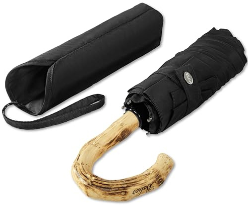 Balios Compact Umbrella Manual Mini Windproof, Full Size Canopy, Real Wood Crook Handle, Lightweight, Strong Frame, Long Shaft Foldable Travel Umbrella (Black Crook Handle)