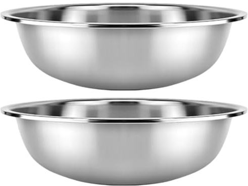 Kichvoe Stainless Steel Vegetable Wash Basin Set 2 Large Mixing Bowls 11.41X11.41X3.93 Inches Flat Bottom Kitchen Fruit Salad Basins Multipurpose Kitchen Storage