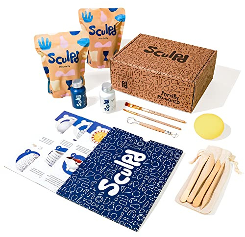 Sculpd Pottery Starter Kit - Complete Air Dry Clay Beginner Set for 2 Adults: Sculpting Tools, Paint Brushes, Guide, Video Tutorials (Gloss Varnish Original Packaging)