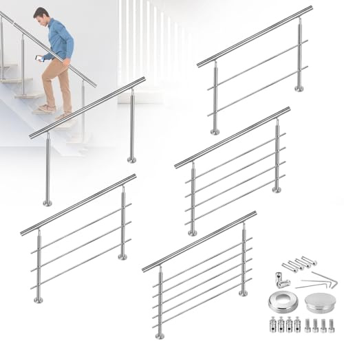 FIVMEN Barandilla de acero inoxidable para escaleras, exterior, 180 cm, pasamanos, barandilla con 2 postes, kit de construcción para escaleras para interior y exterior, 3 travesaños