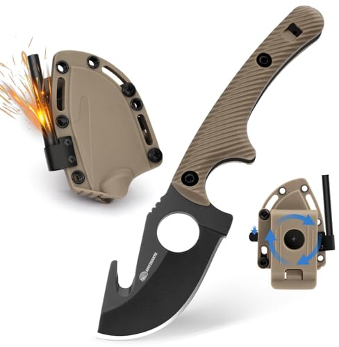 SPITZKANTE Coltello da collo HO-YN – Mini coltello lama fissa per esterni con clip girevole a 360°, lama da 6,2 cm, fischietto integrato, catena a sfere, lama nera e manico kaki