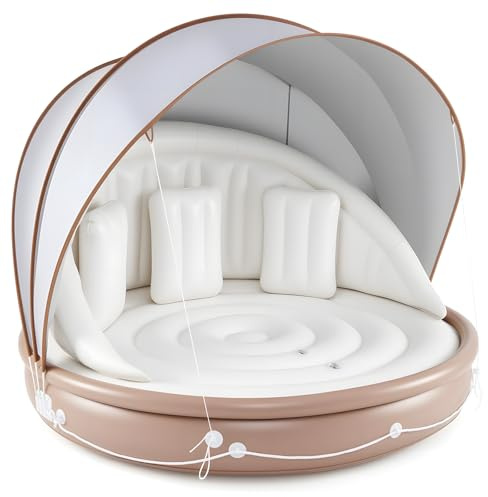 GYMAX Matelas Piscine Gonflable avec Auvent Détachable pour 2-3 Adultes | Île Flottante avec 3 Oreillers, Cordes de Prise, Grand Lit de Bronzage Robuste, pour Lac, Plage, Charge 200 kg
