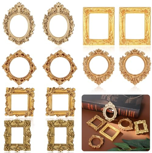 12 mini marcos de fotos dorados vintage, pequeños marcos de fotos de resina antigua, ovalados, rectangulares, para colgar en la pared, marco de mesa para bricolaje, joyería, Navidad, vacaciones