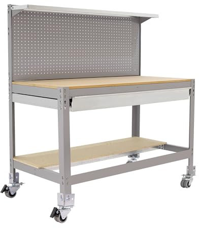 Simon Rack Banco de Trabajo Taller, Capacidad Carga 120 kg, 1520x1210x610 mm, Mesa de Trabajo, Incluye Ruedas, 1 Cajón, Gris/Madera - BT3