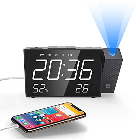 NK Radio Sveglia Digitale - Intelligente, FM Radio, Misuratore di Temperatura, Sveglia, USB, Modalità Notte, Proiezione Oraria, Timer Sonno