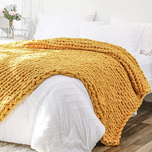 Bigacogo Tjock stickad filtöverkast 100 cm x 203 cm, 100 % handstickad chenille prydnadsfilt, stor mjuk tjock garnkabel stickad filt, stor repknut virkad filt för bäddsoffa (morgongul)