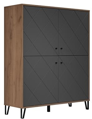 trendteam smart living - Montez - Sideboard - Grau/Eiche - Highboard mit 4 Türen und 4 Einlegeböden - (BxHxT) 123 x 136 x 40 cm - Front mit Rautenoptik, Soft-Close