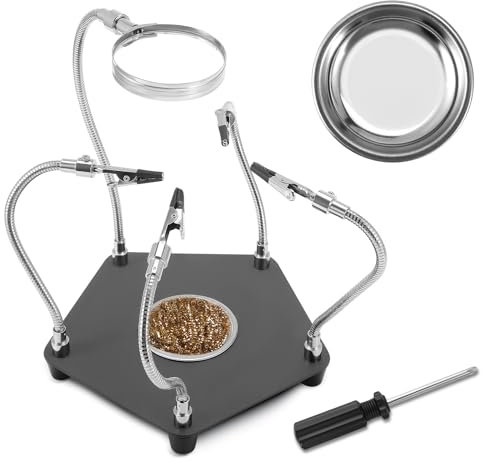 Third Hand Soldering Tool, Magnetic Helping Hands Soldering Station with 4 Flexible Helping Arms Soldering, Magnifying Glass, Soldering Tool with Sturdy Base for Repair Welding Crafts