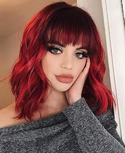 CoCrowns Short Wavy Wig with Air Bangs Shoulder Length Women's Short Bob Curly Wavy Black Synthetic Wig Soft Hair (Burgundy)