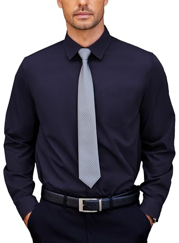 COOFANDY Hombre Camisa Formal de Manga Larga Camisas Casuales Lisas Camisas Elegantes Elásticas Camisa de Trabajo de Verano Camiseta de Traje con Bolsillo Azul Marino XXL