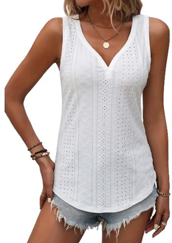 HSAJS Canotte Donna Estive Tank Top Canotta Traforata Scollo V Maglietta Senza Maniche Cotone Elegante Abbigliamento Estivo Casual Camicia Traspirante T Shirt Leggera