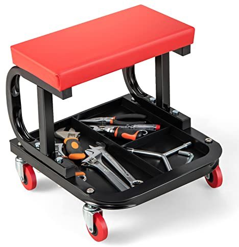 GOPLUS Asiento de taller con ruedas, taburete de taller hasta 150 kg, asiento de taller con bandeja para herramientas y 4 ruedas universales, taburete de montaje móvil con ruedas para herramientas,