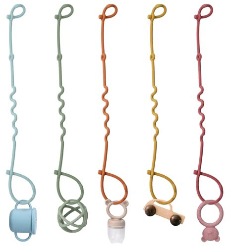 Lot de 5 Attache Tetine Silicone, Attache Sucette Réglable pour Bébés, Sangle de Sécurité Jouet pour Poussette, Réglable Accroche Tetine pour Chaise Haute Berceau Paniers Suspendus