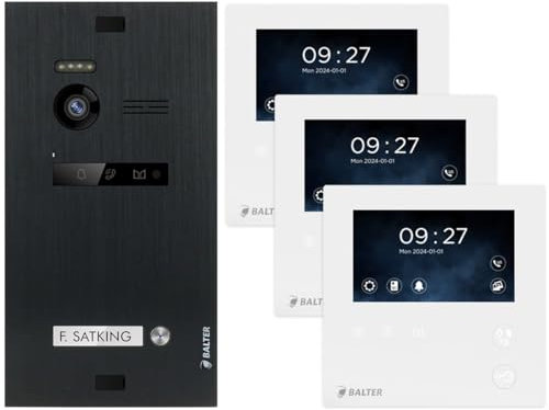 Balter EVO Gegensprechanlage mit Kamera und Klingel für 1 Familienhaus Haustür, Video Türsprechanlage kabelgebunden mit Türklingel Türöffner und 3X 4.3 Mini Monitor 2-Draht Sprechanlage Set