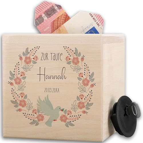 Holz Spardose zur Taufe Taube | Taufspardose mit Name Taufgeschenke für Mädchen Friedenstaube | Taufgeschenk Sparbüchse Geldgeschenk - 10x10cm - Holz - personalisierte taufbox taufen spardosen