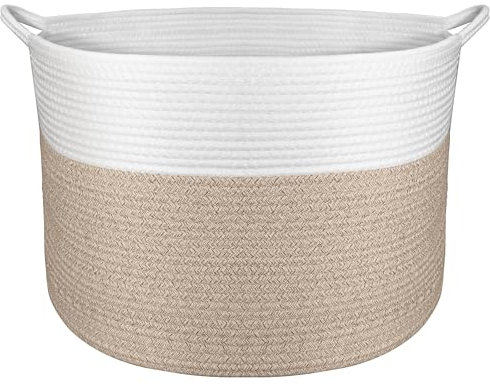 Tking Woven Storage Basket 55cm x 35cm Cotton Rope Basket 83L Extra Large Blanket Basket Laundry Baskets for Clothes Bedding Toy Baby Storage Organiser Living Room Nursery Laundry Hamper Brown/White