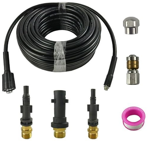 15M Kit de Manguera para Limpiar Tuberías Compatible con Limpiadores de alta Presión Kärcher K2 K3 K4 K5 K6 K7, Manguera de limpieza de tuberías con 2 Boquillas 3 Adaptadores