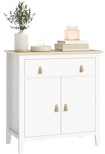 HOMCOM Buffet Salon, Meuble de Rangement avec tiroir, Double Porte, étagère réglable, poignées en PU, Style Moderne, Buffet Salle à Manger et Cuisine, 80 x 40 x 90 cm, Blanc