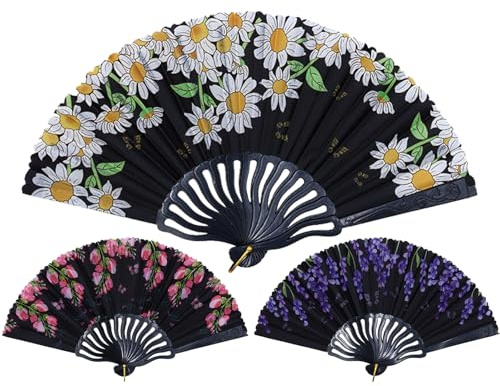 FOSDICK 3 Pezzi Ventaglio da Borsetta, Fiori Ventaglio Pieghevole, Ventagli Pieghevoli a Mano per la Danza Cosplay Matrimonio Rosso, 43x23cm, Nero