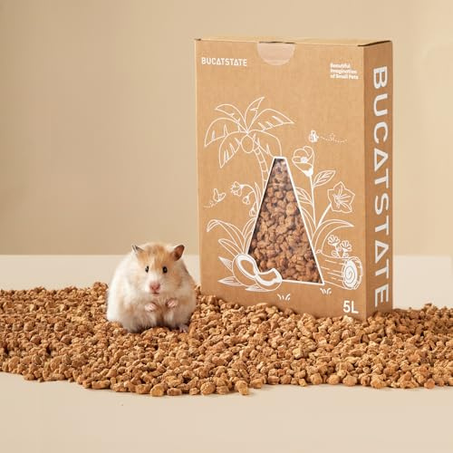 BUCATSTATE Kork Bedding 5L, natürliche Hamsterstreu, Geruchskontrolle für syrische Zwerghamster, Rennmäuse, Mäuse, staubarmes Hamstersubstrat mit Papierversteck (Körnung 4–5 mm)