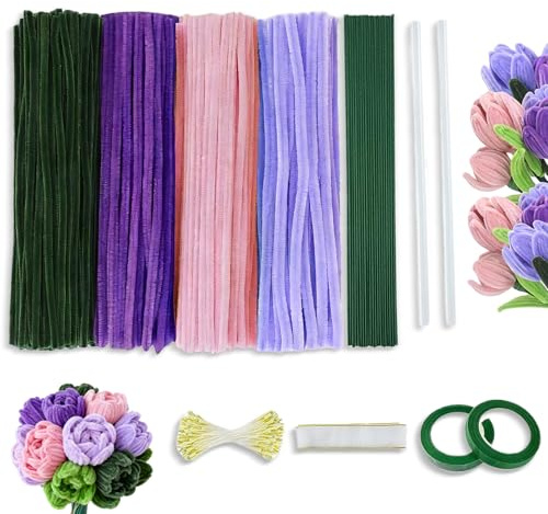 Pastel Pipe Cleaners for Craft Flowers, 400Pcs Pipe Cleaners for Crafts Flowers Chenille Stems DIY Flower Making Kit, with Floral Wires, Gardening Tape, Stamen & Ribbon, for DIY bouquet Craft (Purple)