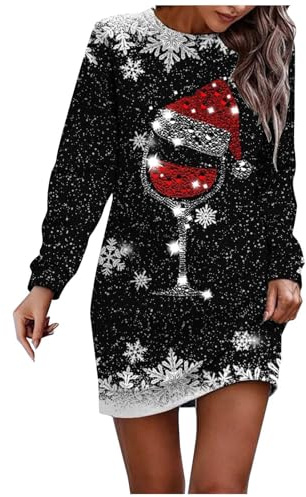 QIUhhpuy Robe Pull Noël Femme Verre À Vin Imprimé Réveillon Noel Robe Sweat à Capuche Chaud Long Hiver Longue Sweatshirt Robes avec Poches Manches Longue Robes Pulls Grande Taille Pullover Dress